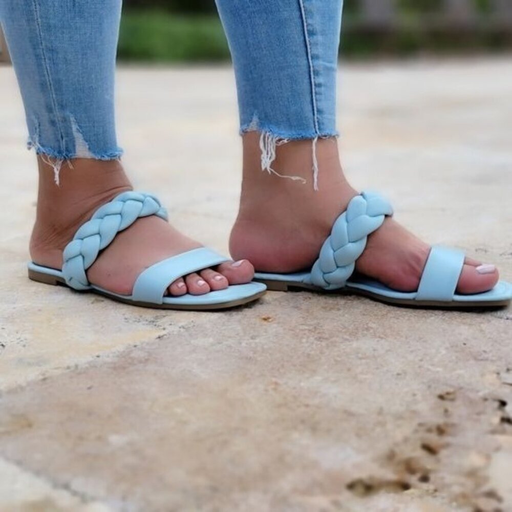 Women’s Blue Two Band Braided Slides Slip On Super Comfortable Flat Sandals - Picture 5 of 5
